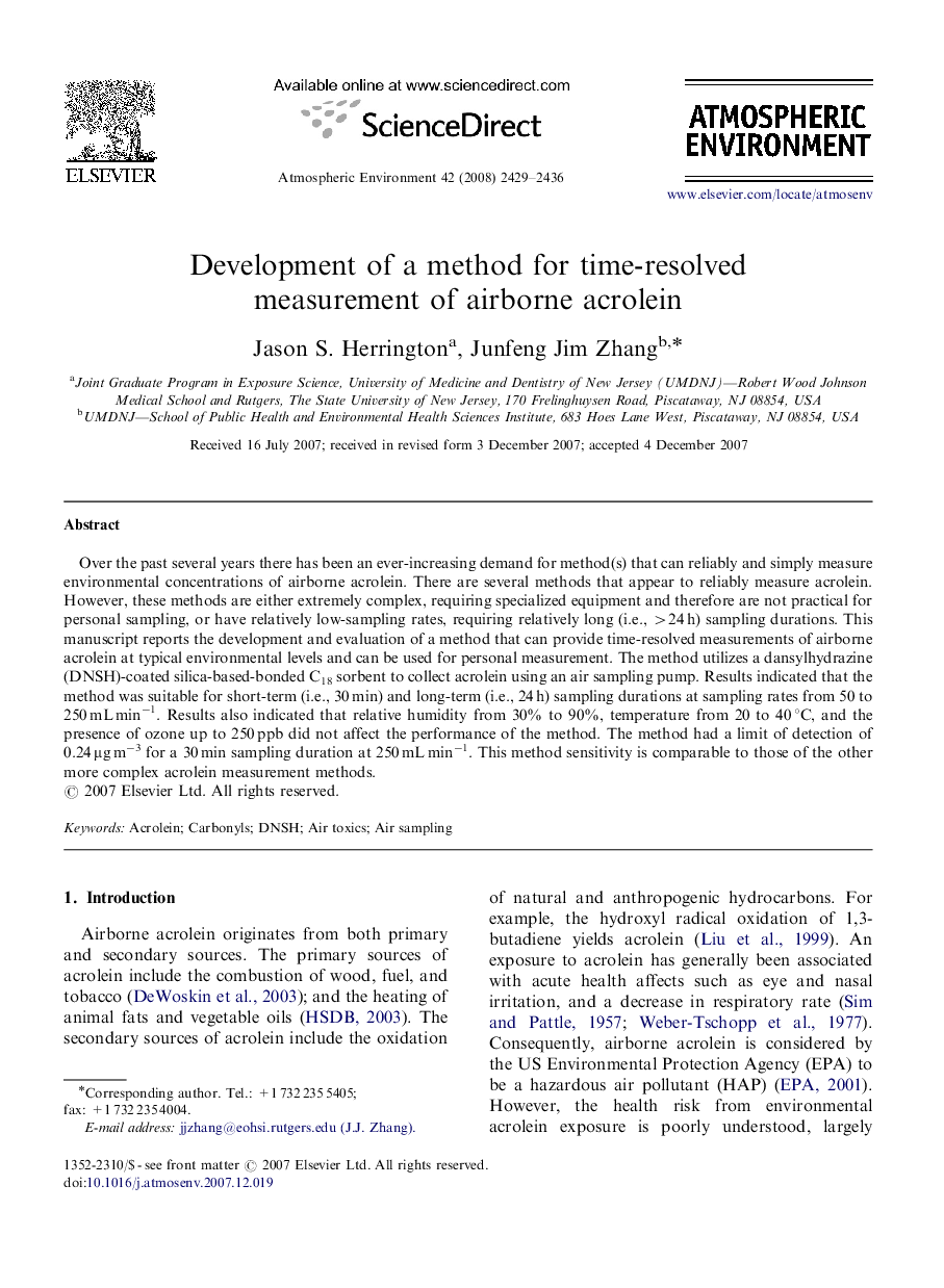 Development of a method for time-resolved measurement of airborne acrolein