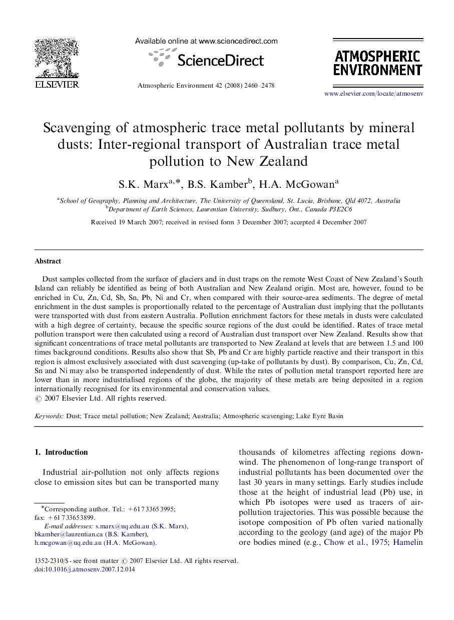 Scavenging of atmospheric trace metal pollutants by mineral dusts: Inter-regional transport of Australian trace metal pollution to New Zealand