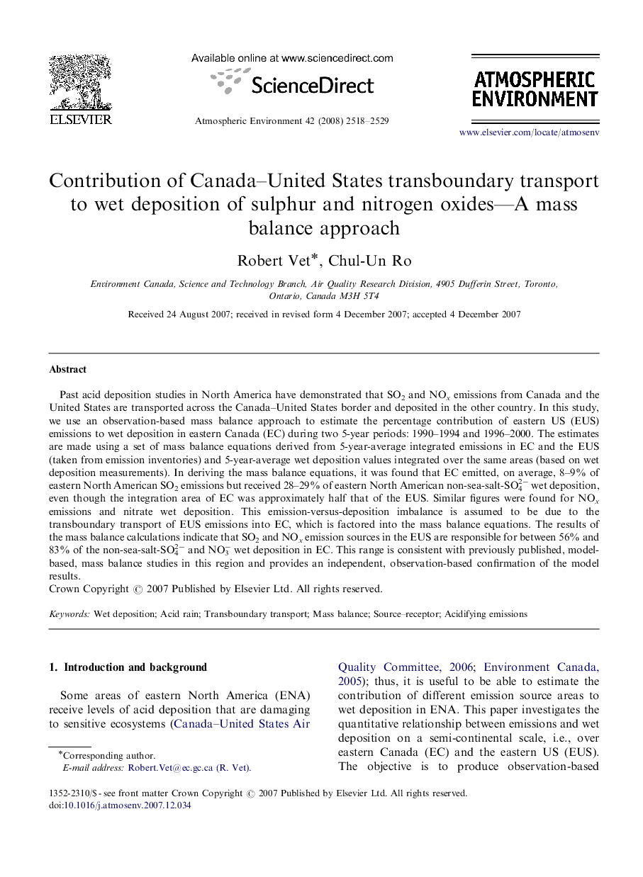 Contribution of Canada–United States transboundary transport to wet deposition of sulphur and nitrogen oxides—A mass balance approach