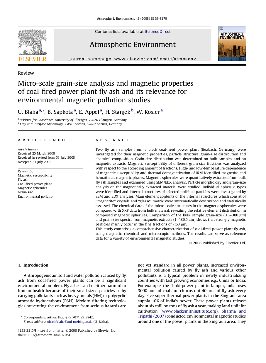 Micro-scale grain-size analysis and magnetic properties of coal-fired power plant fly ash and its relevance for environmental magnetic pollution studies