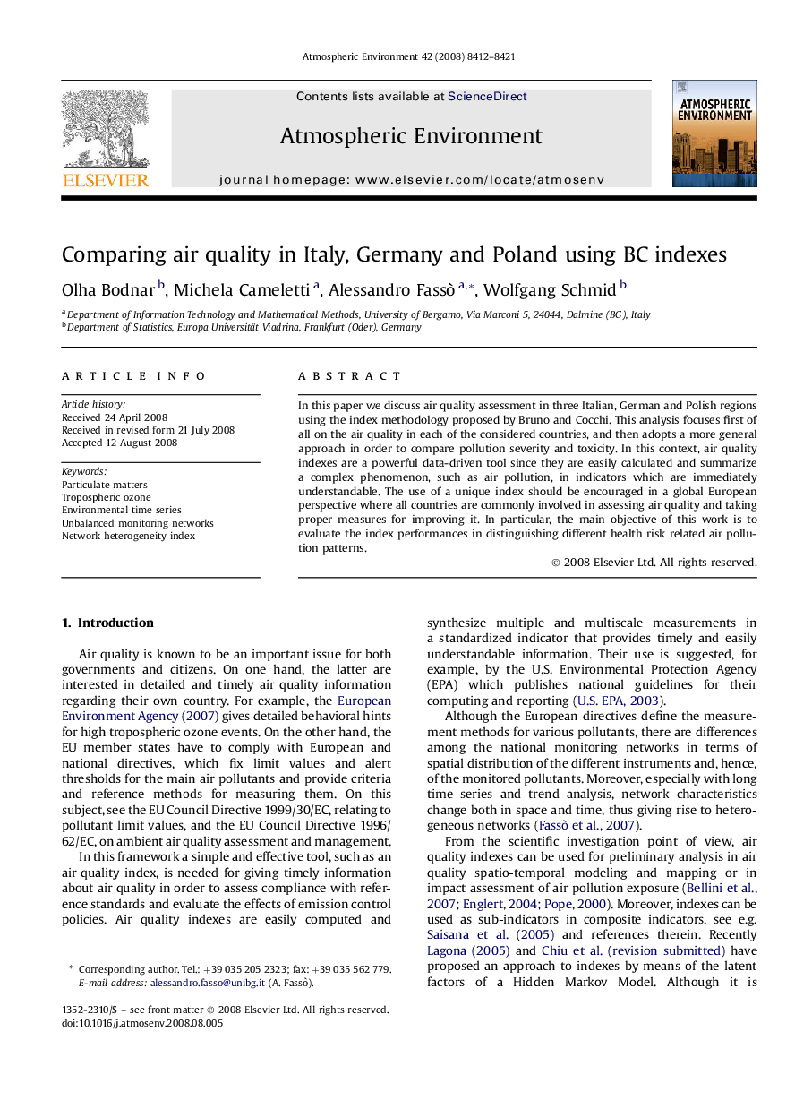 Comparing air quality in Italy, Germany and Poland using BC indexes