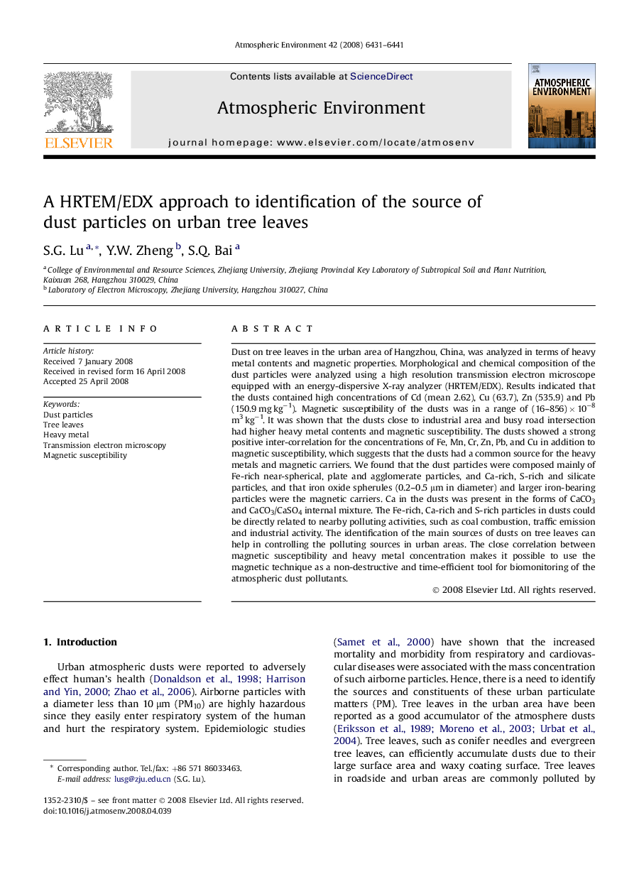 A HRTEM/EDX approach to identification of the source of dust particles on urban tree leaves