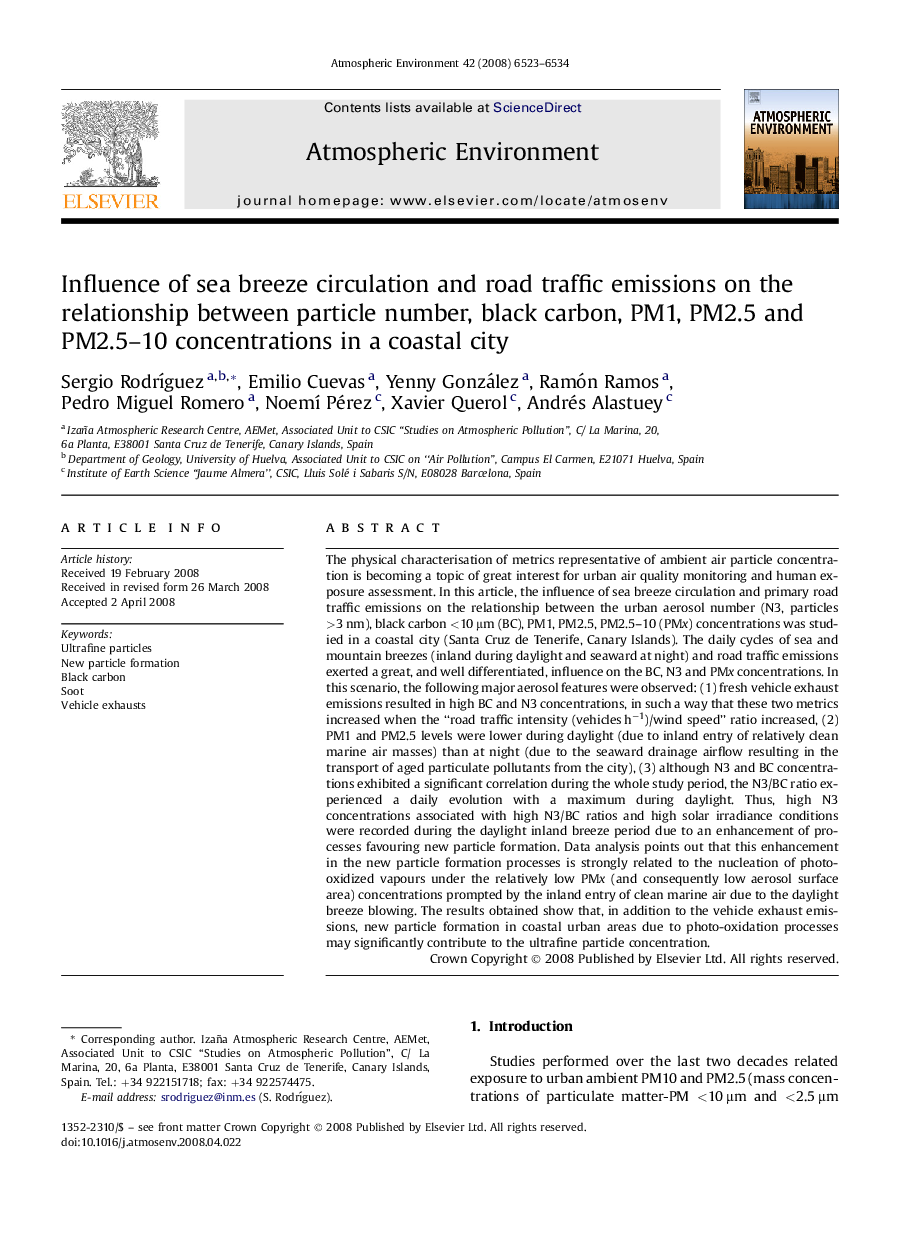 Influence of sea breeze circulation and road traffic emissions on the relationship between particle number, black carbon, PM1, PM2.5 and PM2.5–10 concentrations in a coastal city