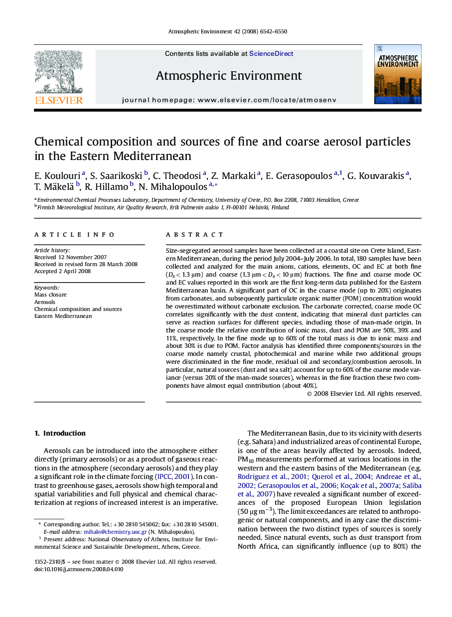 Chemical composition and sources of fine and coarse aerosol particles in the Eastern Mediterranean