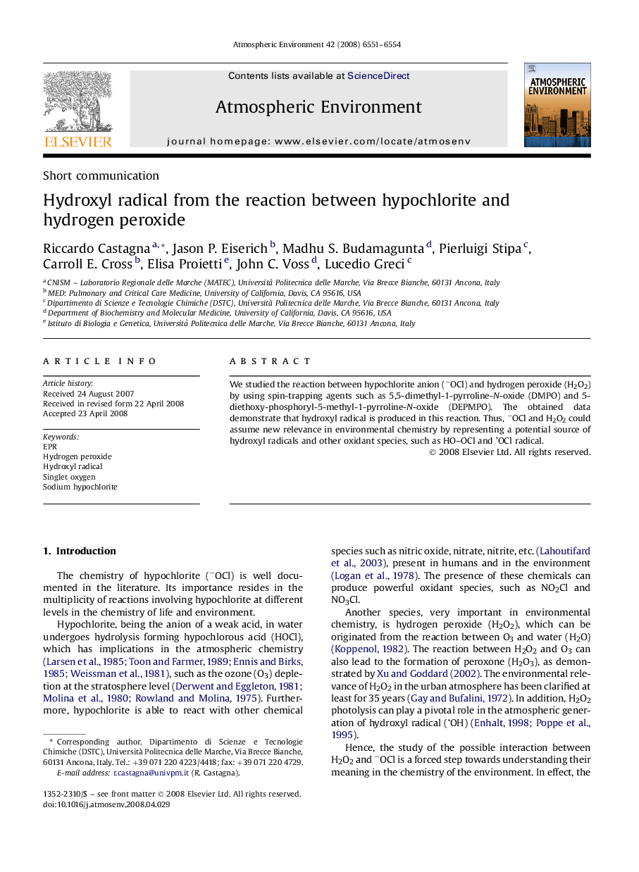 Hydroxyl radical from the reaction between hypochlorite and hydrogen peroxide