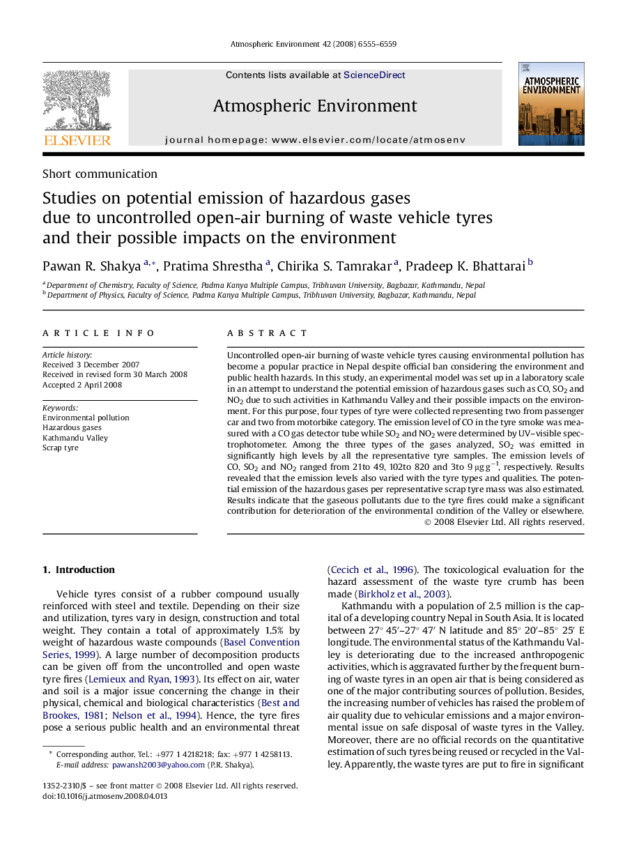 Studies on potential emission of hazardous gases due to uncontrolled open-air burning of waste vehicle tyres and their possible impacts on the environment