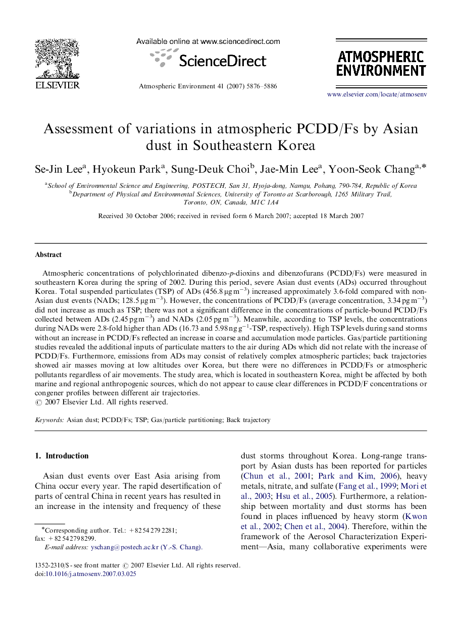 Assessment of variations in atmospheric PCDD/Fs by Asian dust in Southeastern Korea