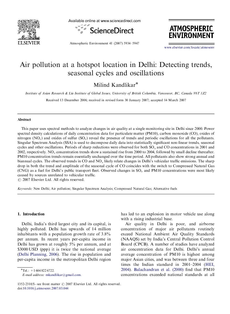 Air pollution at a hotspot location in Delhi: Detecting trends, seasonal cycles and oscillations