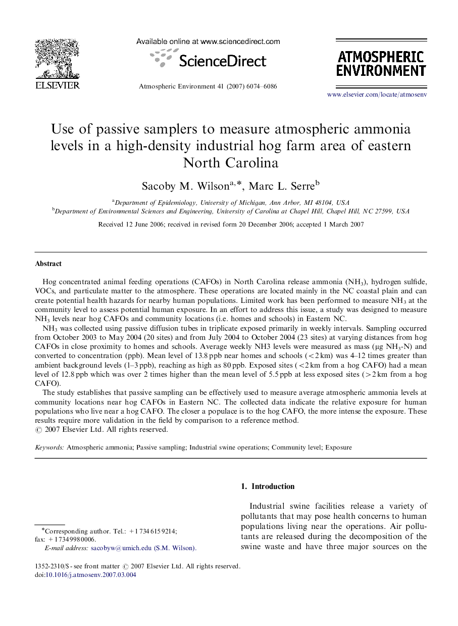 Use of passive samplers to measure atmospheric ammonia levels in a high-density industrial hog farm area of eastern North Carolina