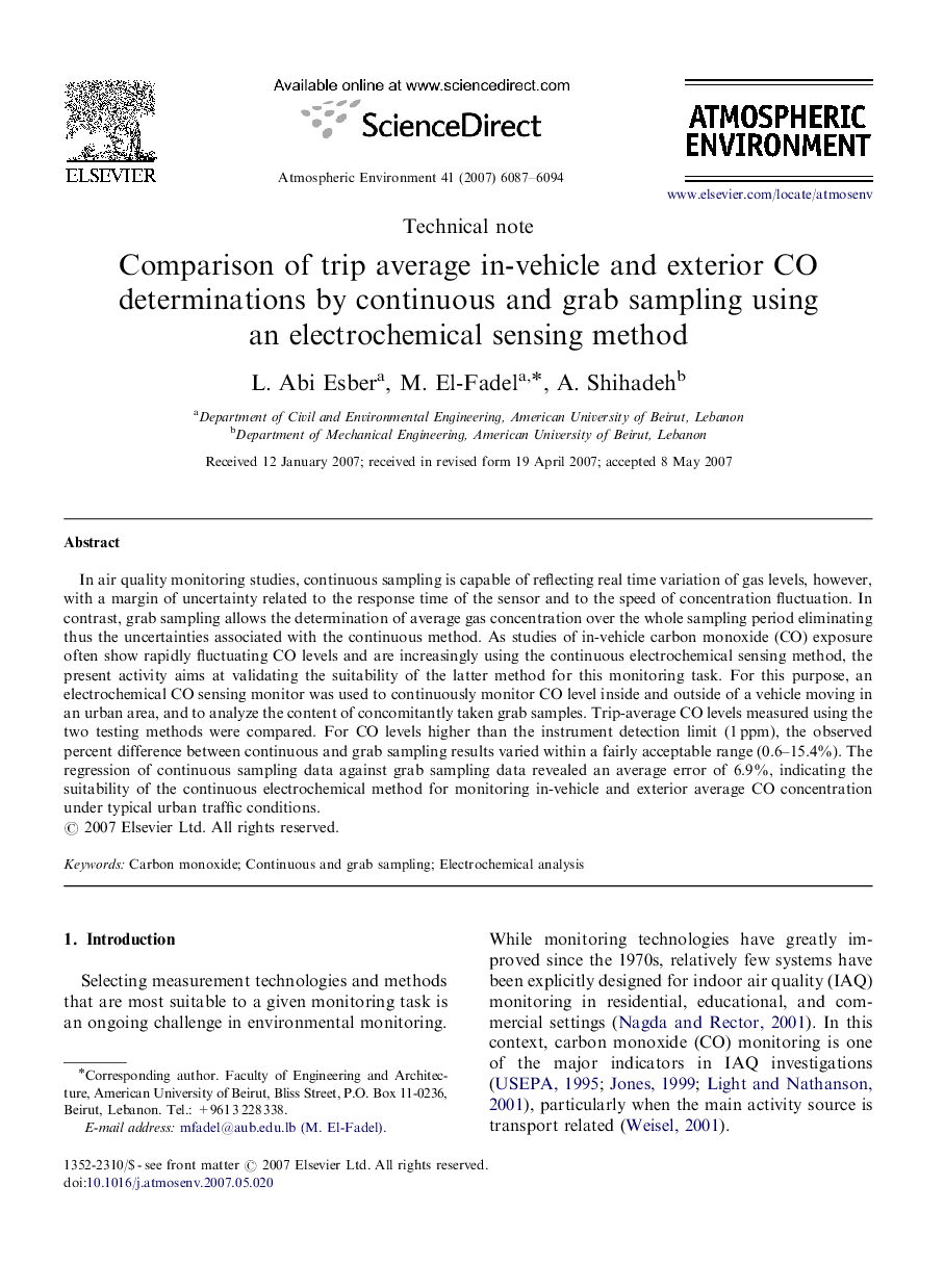 Comparison of trip average in-vehicle and exterior CO determinations by continuous and grab sampling using an electrochemical sensing method