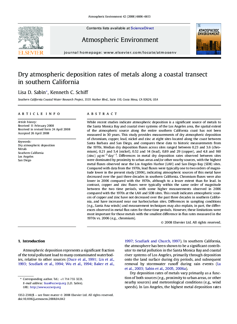 Dry atmospheric deposition rates of metals along a coastal transect in southern California