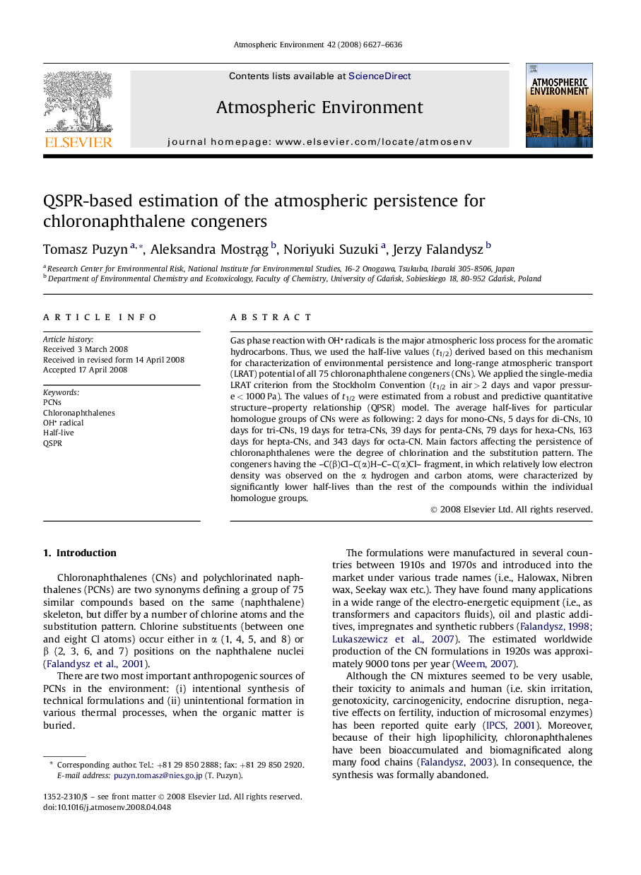 QSPR-based estimation of the atmospheric persistence for chloronaphthalene congeners