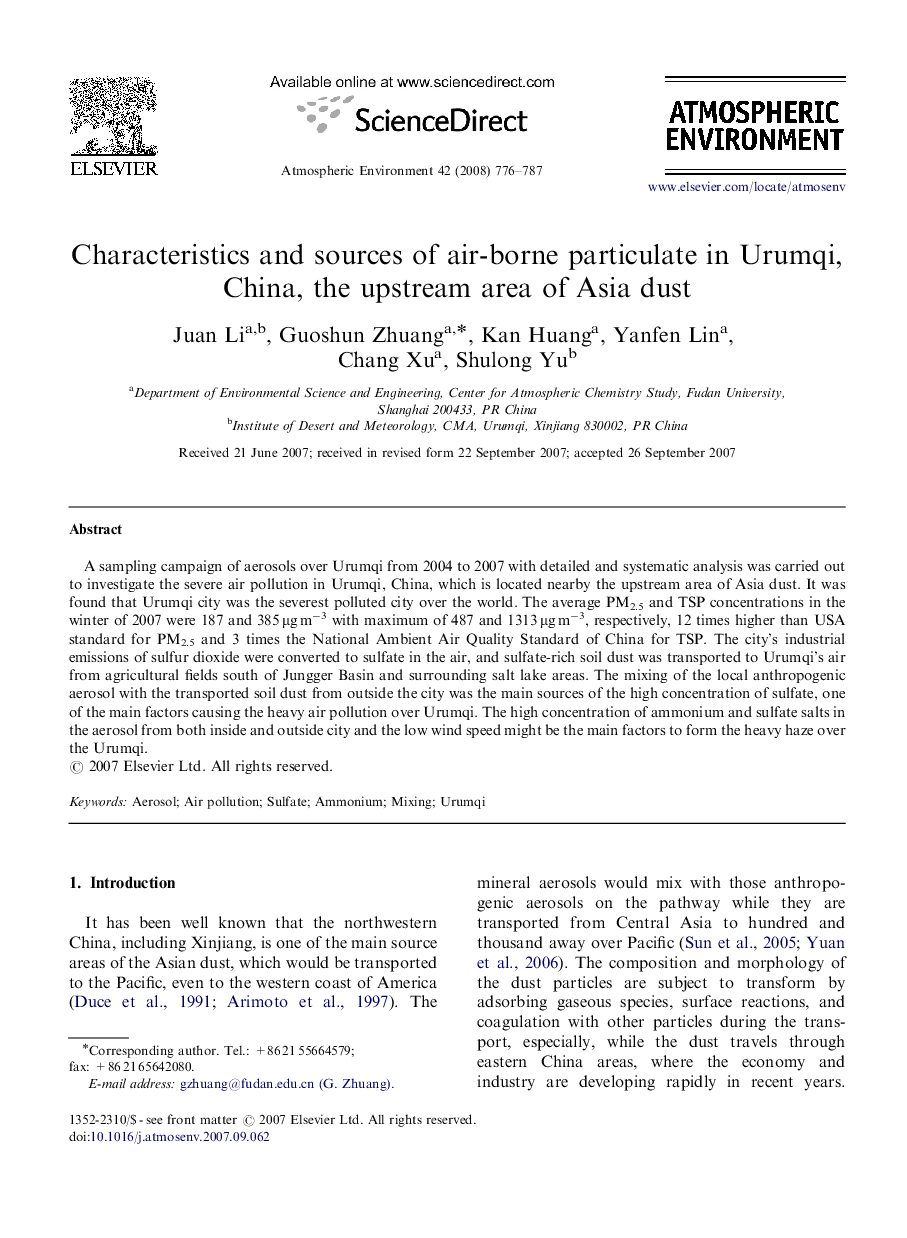 Characteristics and sources of air-borne particulate in Urumqi, China, the upstream area of Asia dust