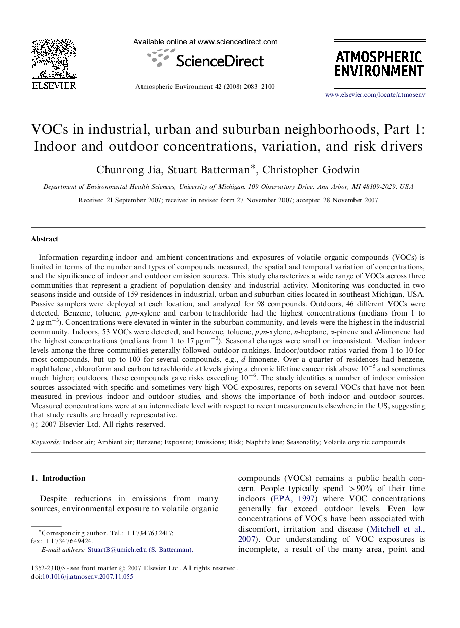 VOCs in industrial, urban and suburban neighborhoods, Part 1: Indoor and outdoor concentrations, variation, and risk drivers