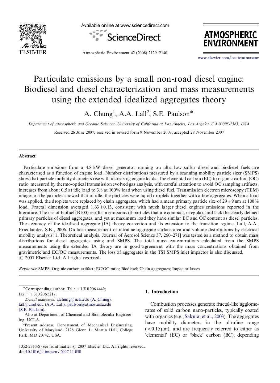 Particulate emissions by a small non-road diesel engine: Biodiesel and diesel characterization and mass measurements using the extended idealized aggregates theory