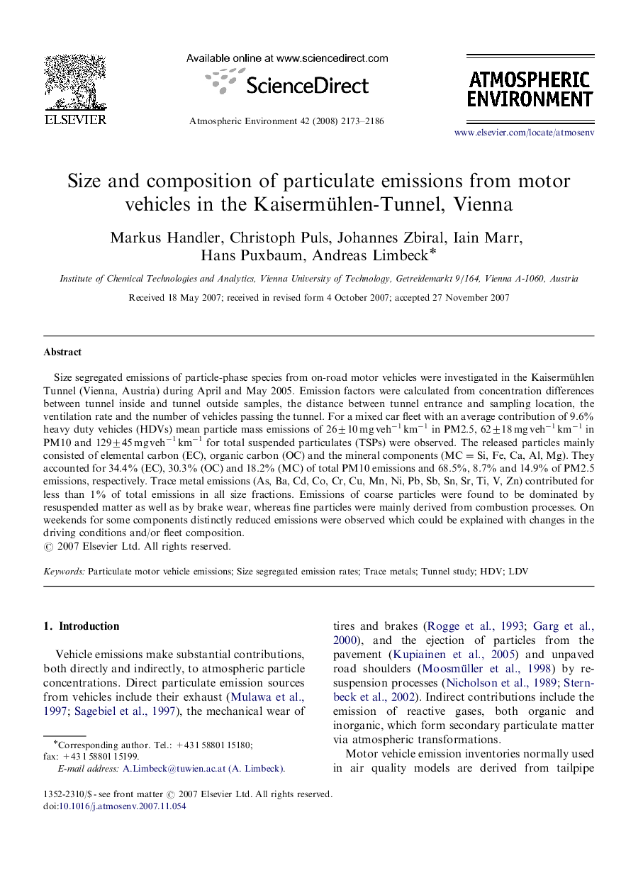 Size and composition of particulate emissions from motor vehicles in the Kaisermühlen-Tunnel, Vienna