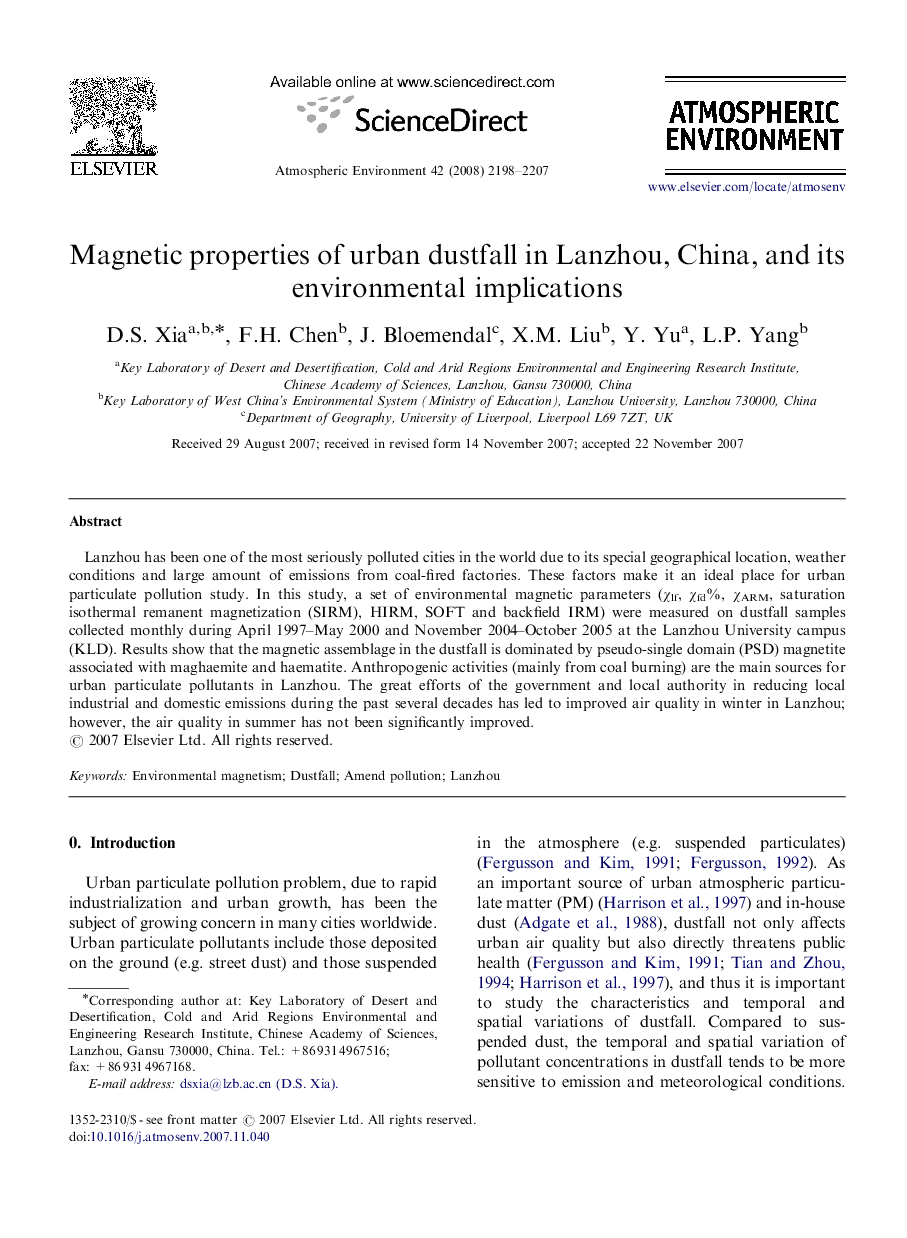 Magnetic properties of urban dustfall in Lanzhou, China, and its environmental implications