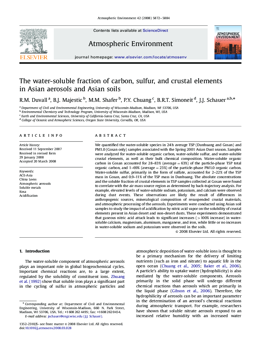 The water-soluble fraction of carbon, sulfur, and crustal elements in Asian aerosols and Asian soils