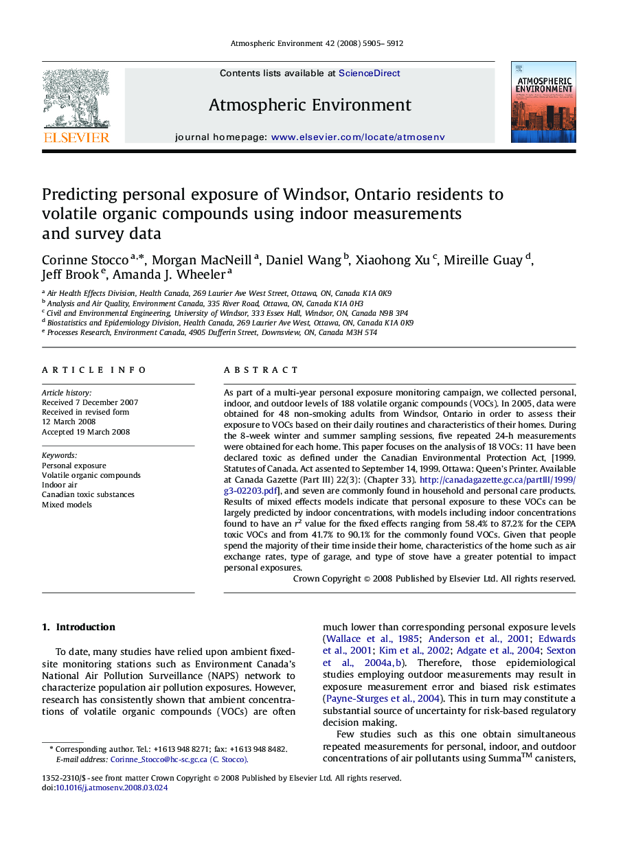 Predicting personal exposure of Windsor, Ontario residents to volatile organic compounds using indoor measurements and survey data