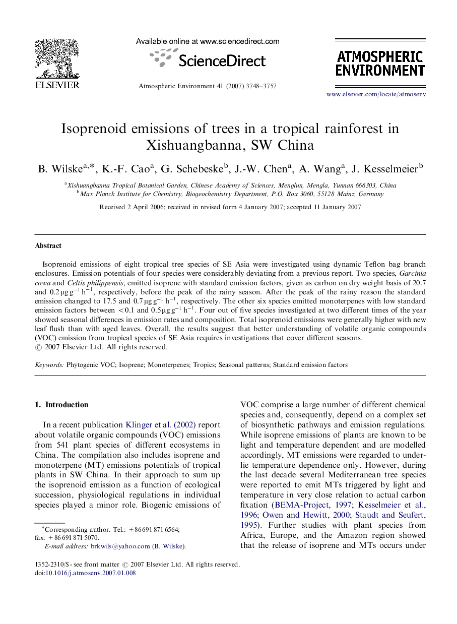 Isoprenoid emissions of trees in a tropical rainforest in Xishuangbanna, SW China