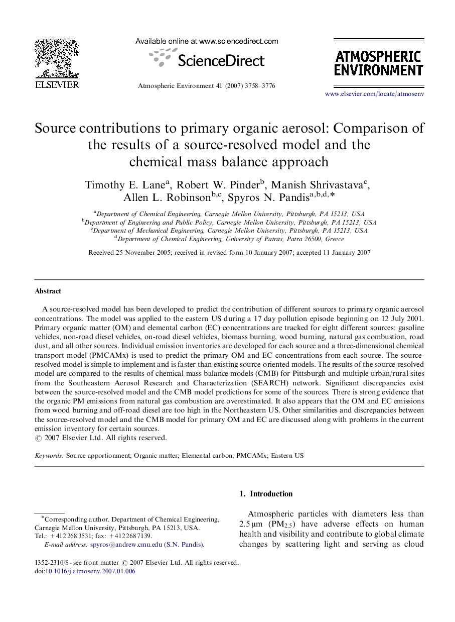 Source contributions to primary organic aerosol: Comparison of the results of a source-resolved model and the chemical mass balance approach