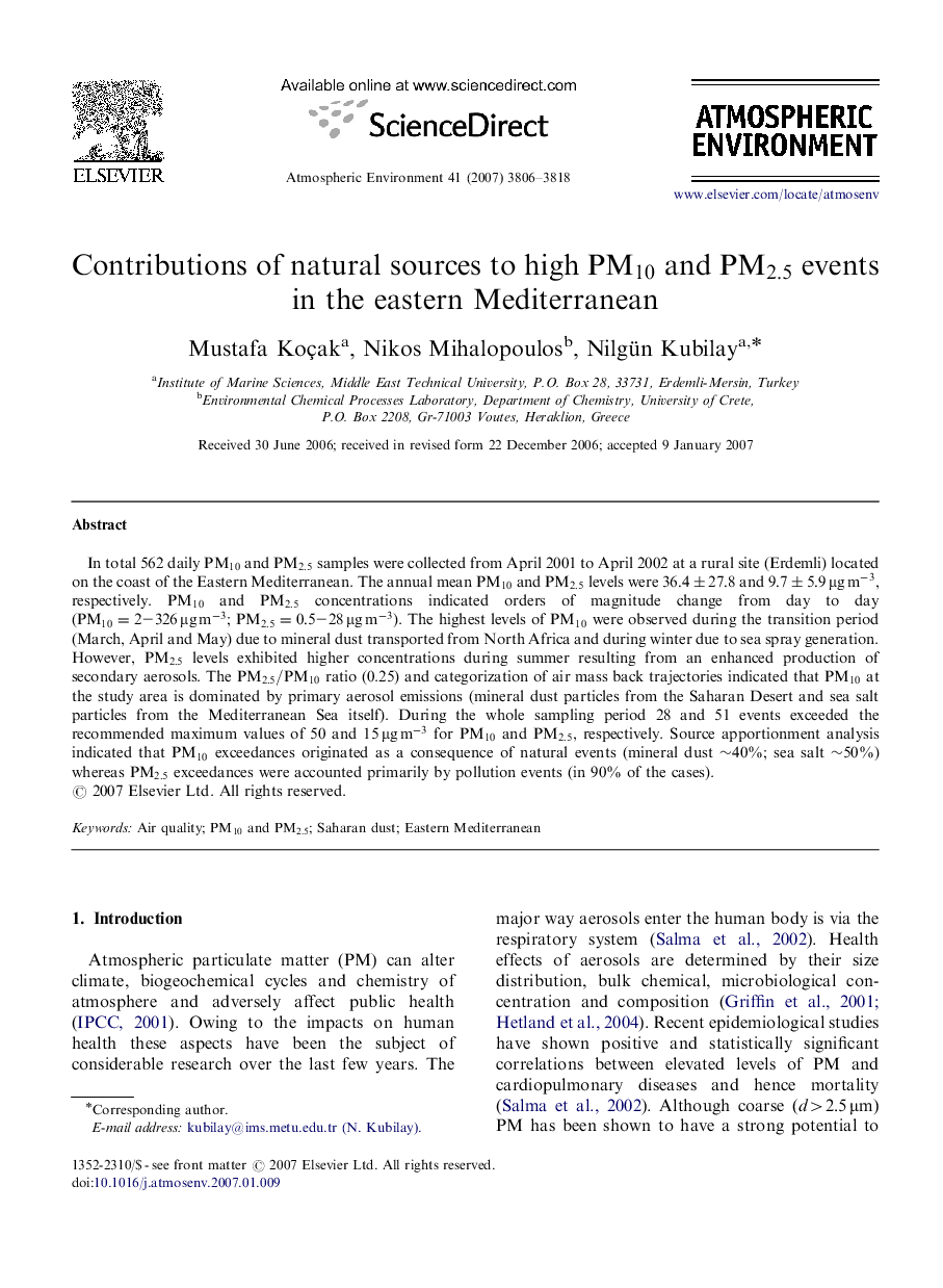 Contributions of natural sources to high PM10PM10 and PM2.5PM2.5 events in the eastern Mediterranean