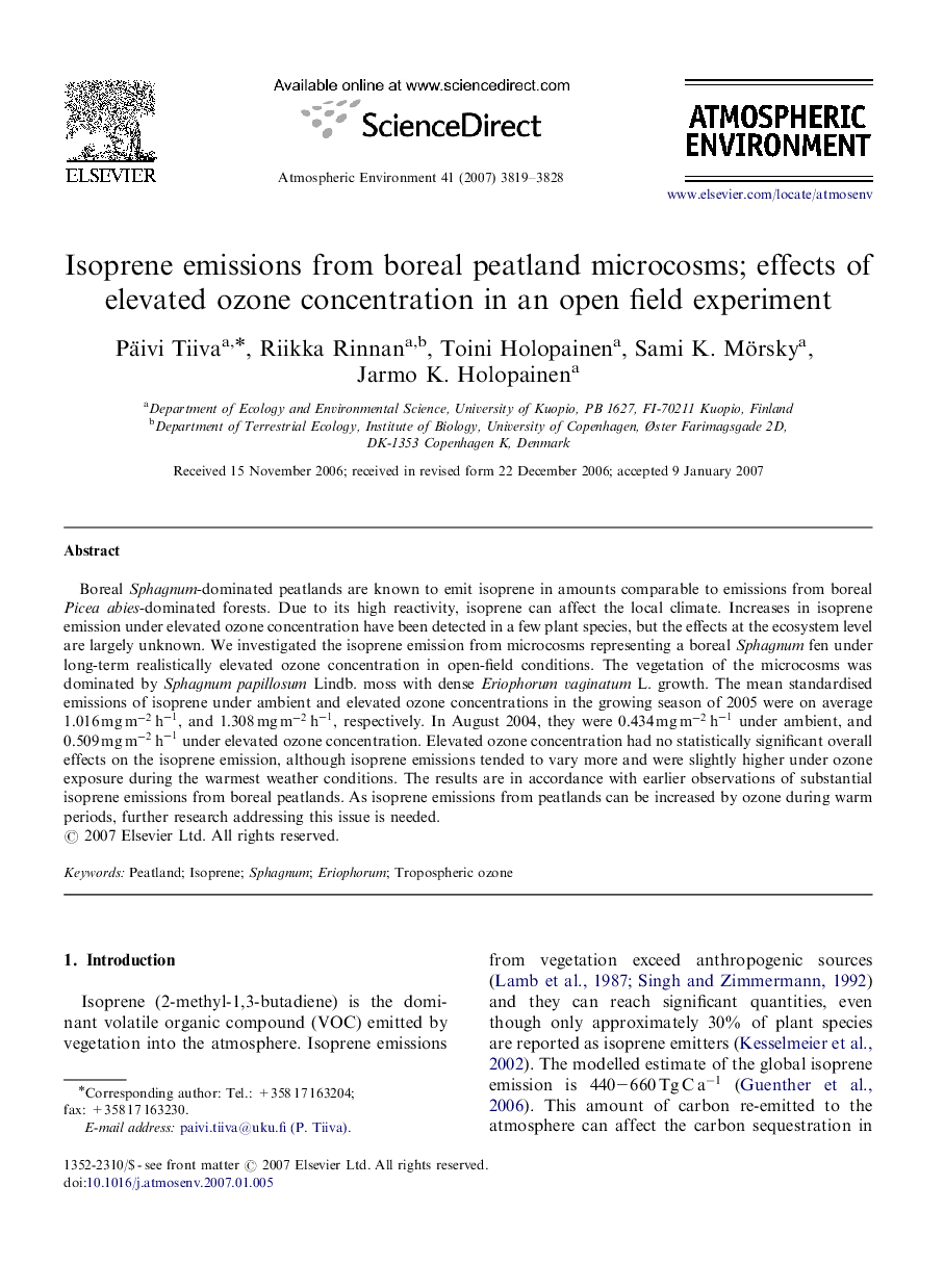 Isoprene emissions from boreal peatland microcosms; effects of elevated ozone concentration in an open field experiment