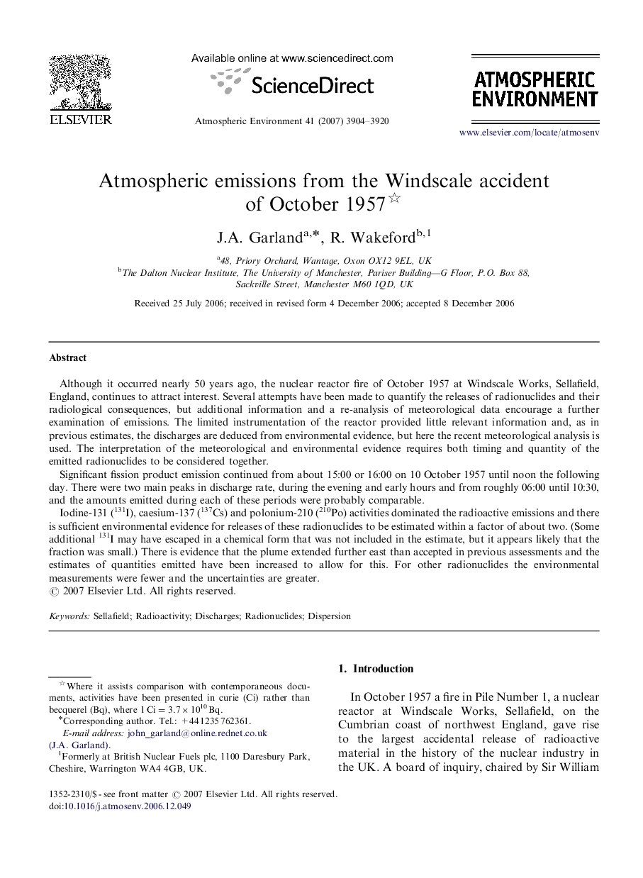 Atmospheric emissions from the Windscale accident of October 1957 