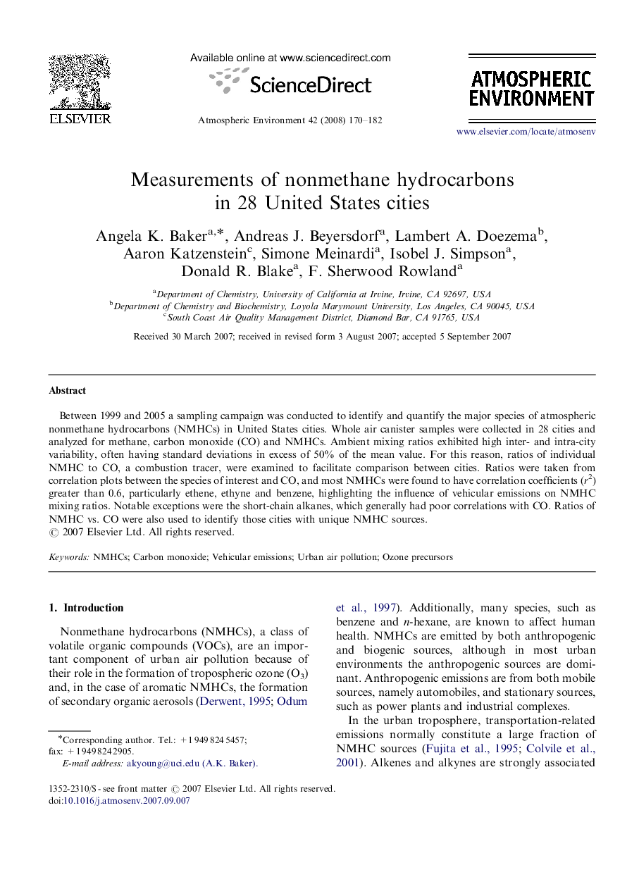 Measurements of nonmethane hydrocarbons in 28 United States cities