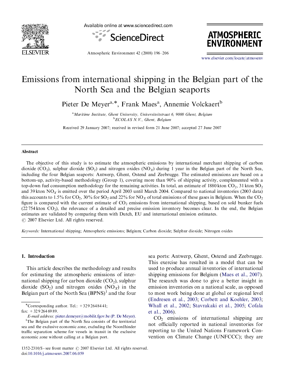 Emissions from international shipping in the Belgian part of the North Sea and the Belgian seaports