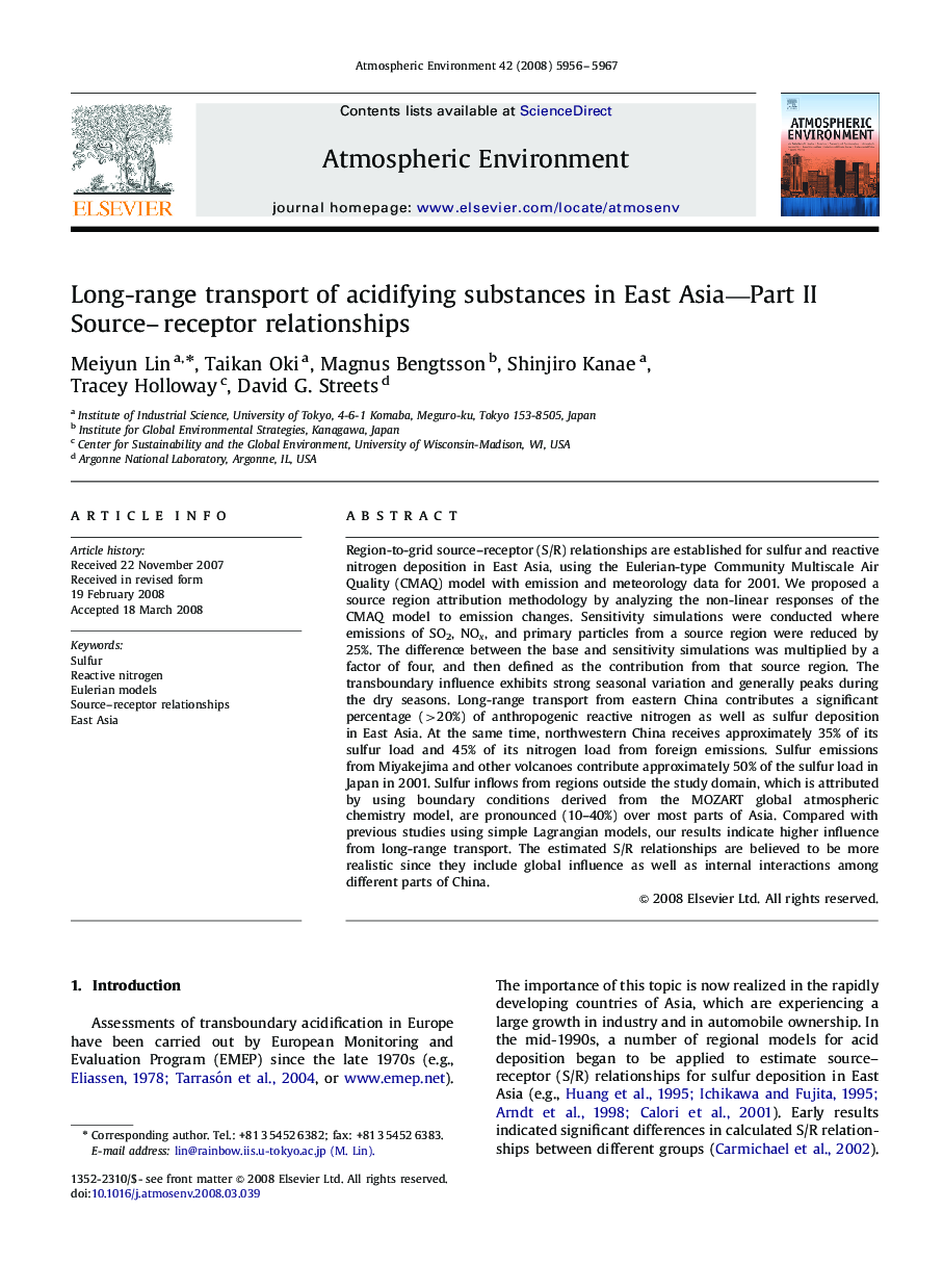 Long-range transport of acidifying substances in East Asia—Part II: Source–receptor relationships