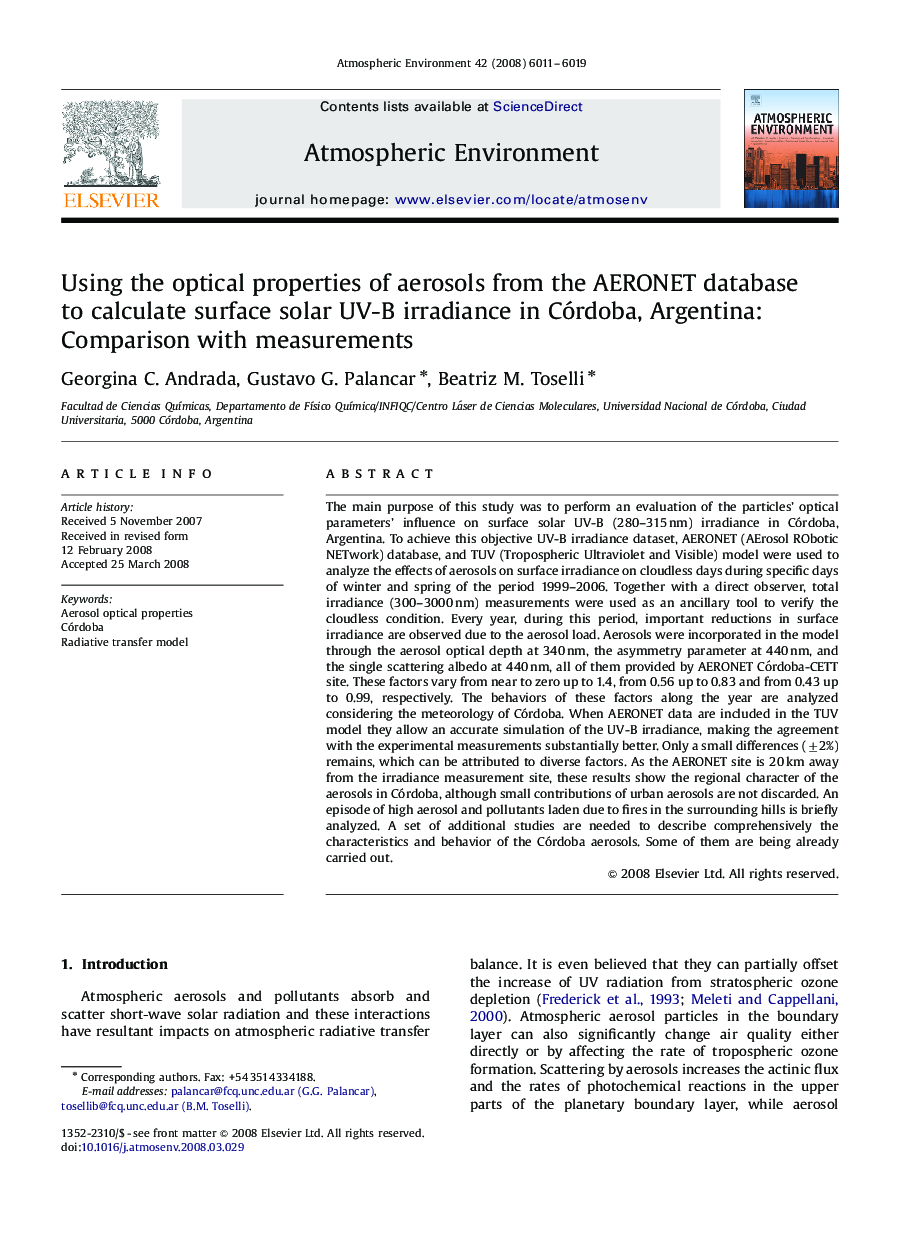 Using the optical properties of aerosols from the AERONET database to calculate surface solar UV-B irradiance in Córdoba, Argentina: Comparison with measurements