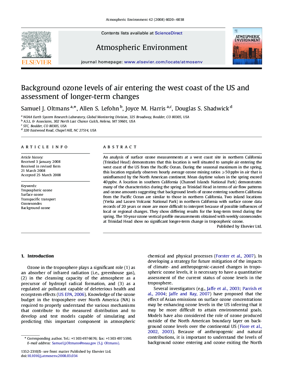 Background ozone levels of air entering the west coast of the US and assessment of longer-term changes