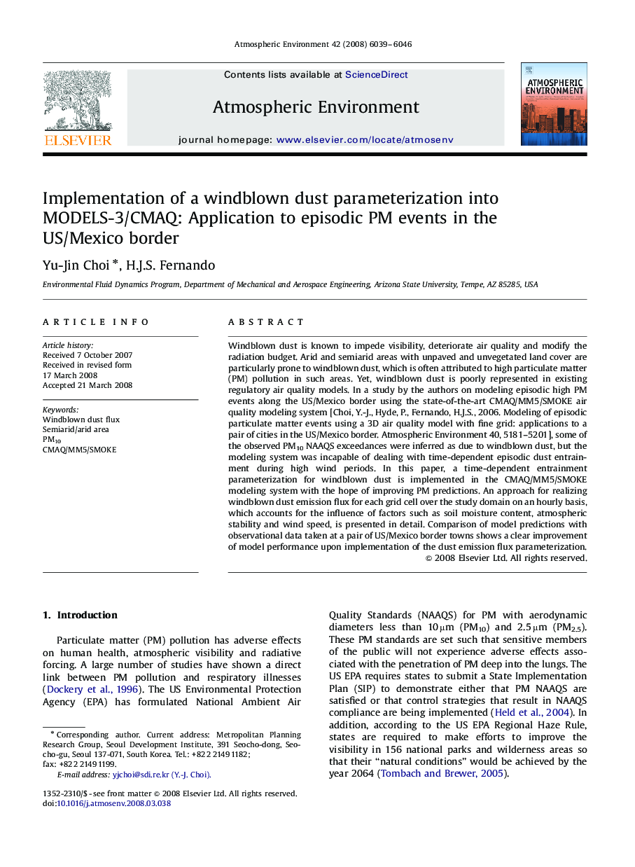 Implementation of a windblown dust parameterization into MODELS-3/CMAQ: Application to episodic PM events in the US/Mexico border