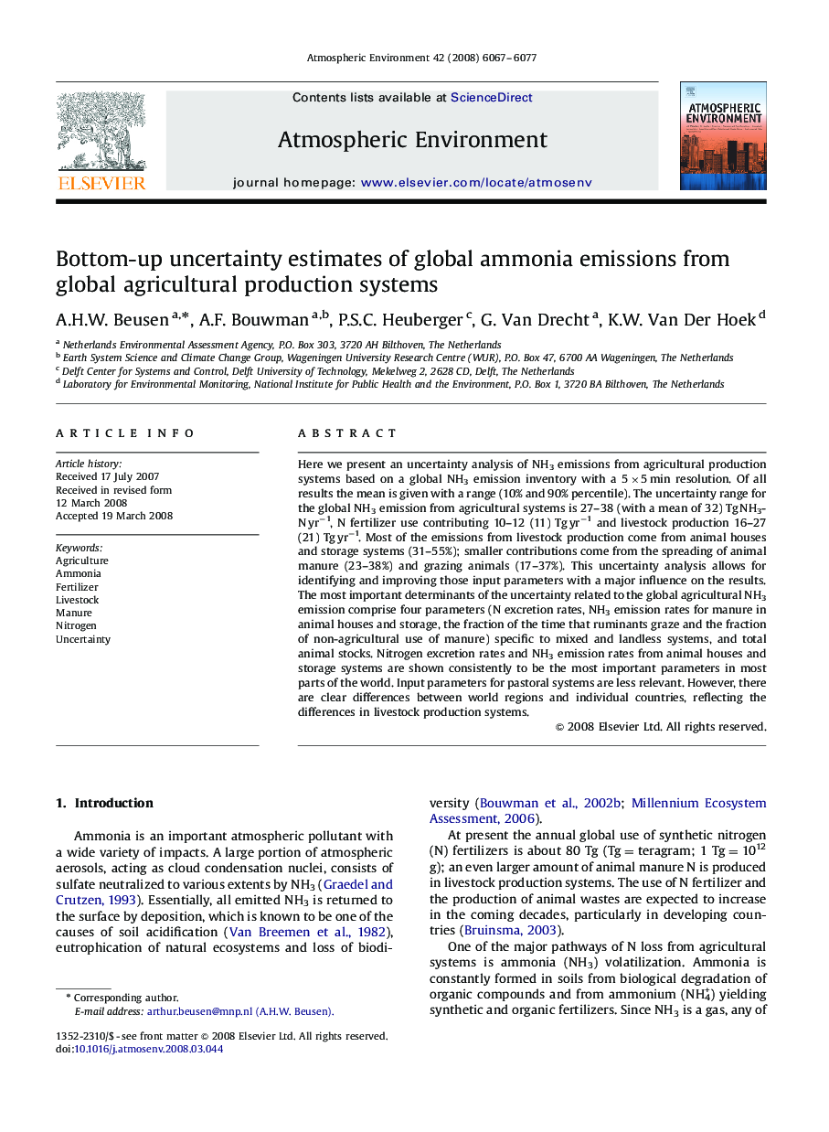 Bottom-up uncertainty estimates of global ammonia emissions from global agricultural production systems