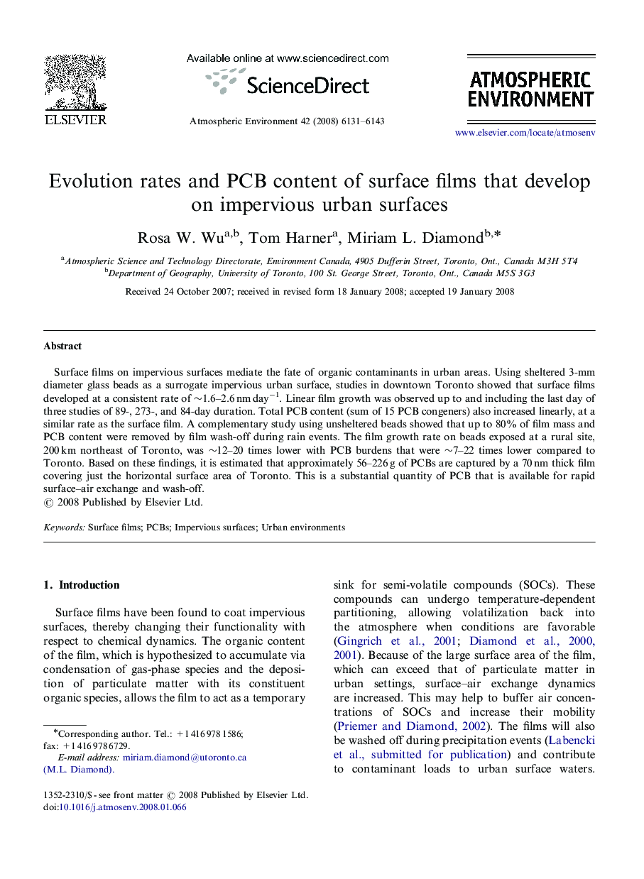 Evolution rates and PCB content of surface films that develop on impervious urban surfaces