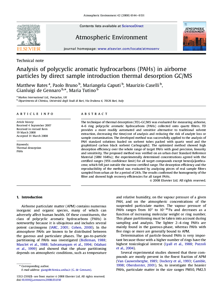 Analysis of polycyclic aromatic hydrocarbons (PAHs) in airborne particles by direct sample introduction thermal desorption GC/MS