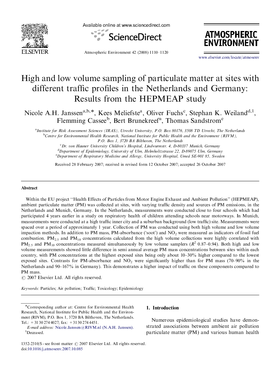 High and low volume sampling of particulate matter at sites with different traffic profiles in the Netherlands and Germany: Results from the HEPMEAP study