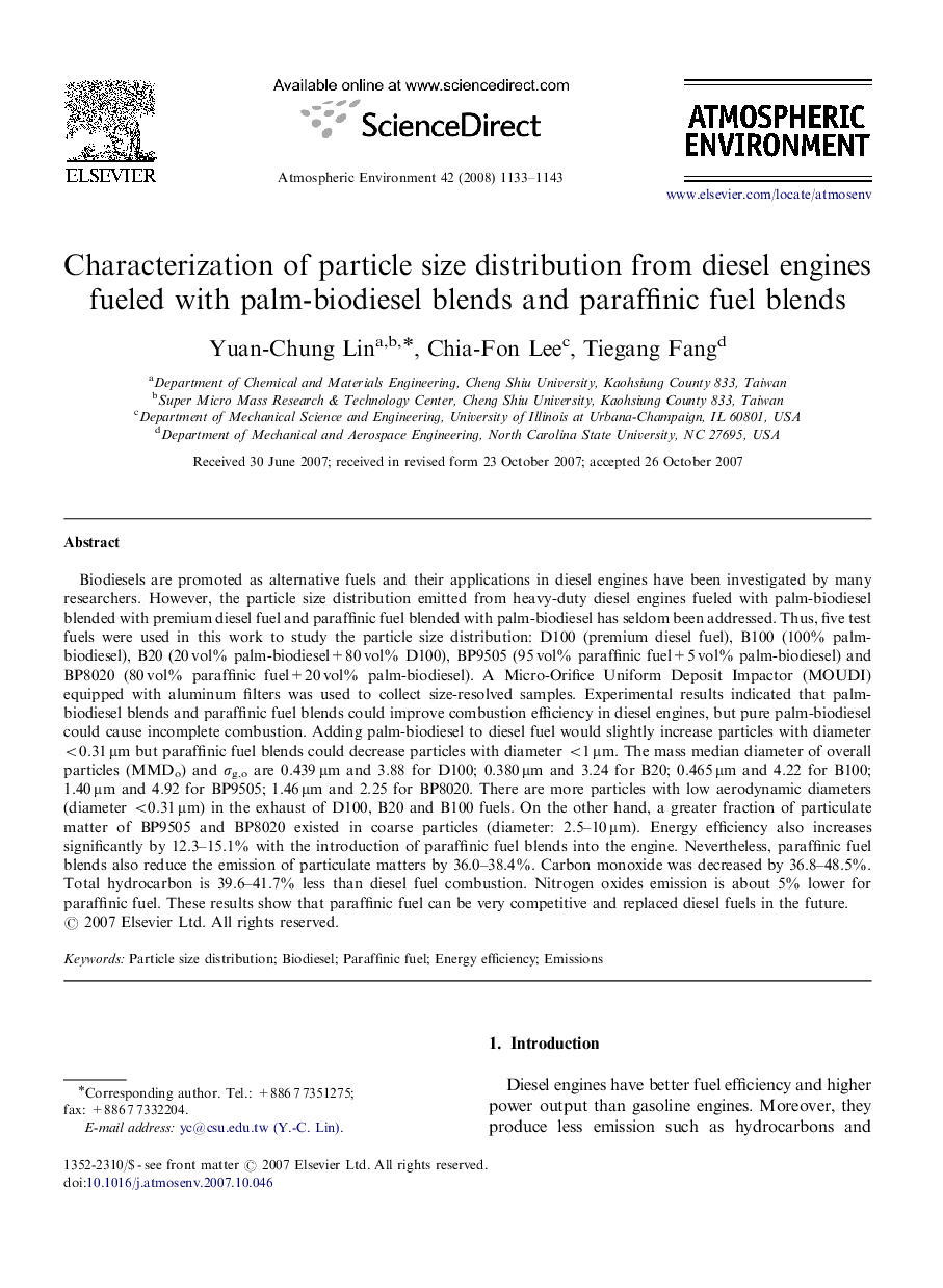 Characterization of particle size distribution from diesel engines fueled with palm-biodiesel blends and paraffinic fuel blends