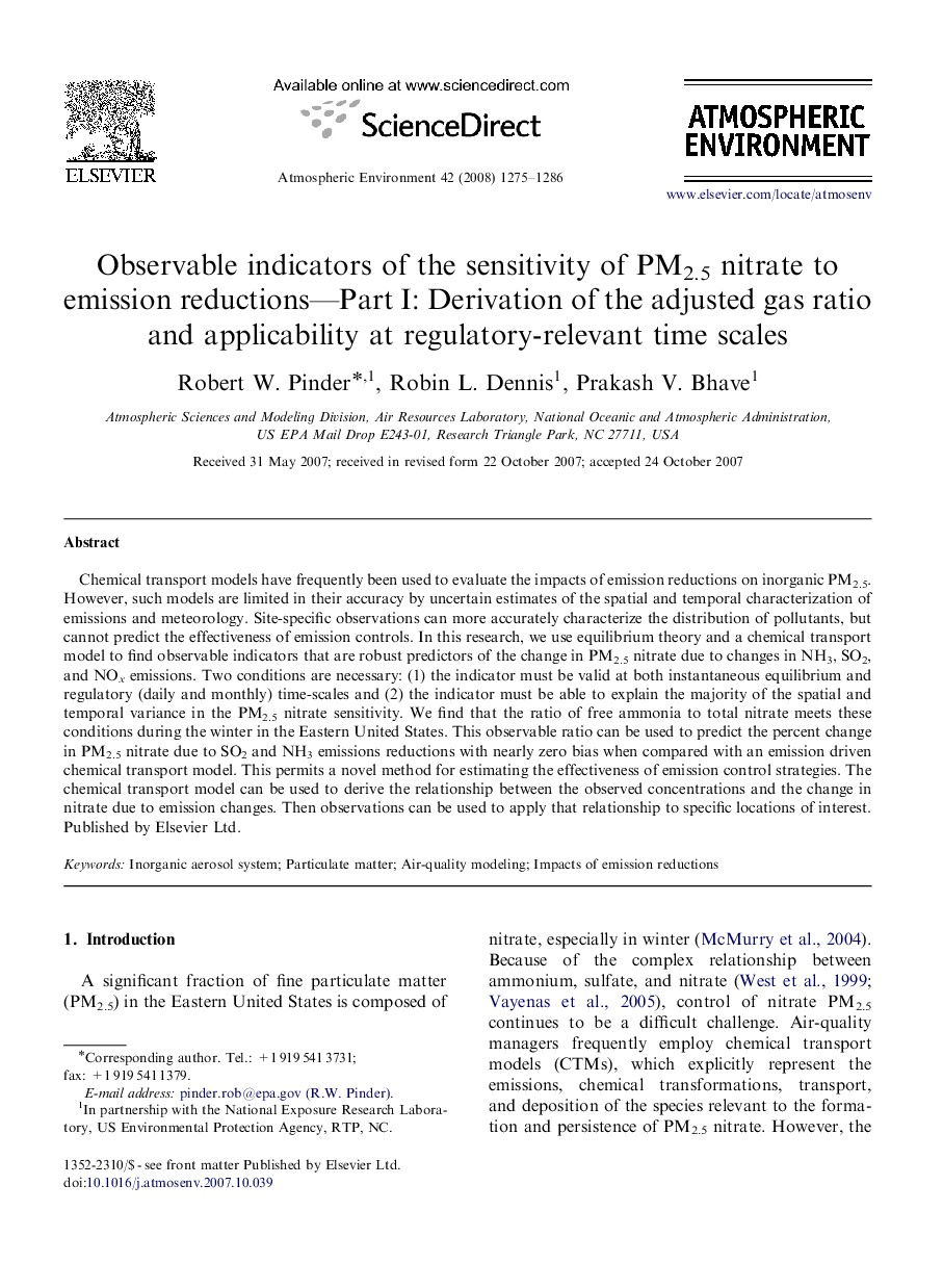 Observable indicators of the sensitivity of PM2.5 nitrate to emission reductions—Part I: Derivation of the adjusted gas ratio and applicability at regulatory-relevant time scales