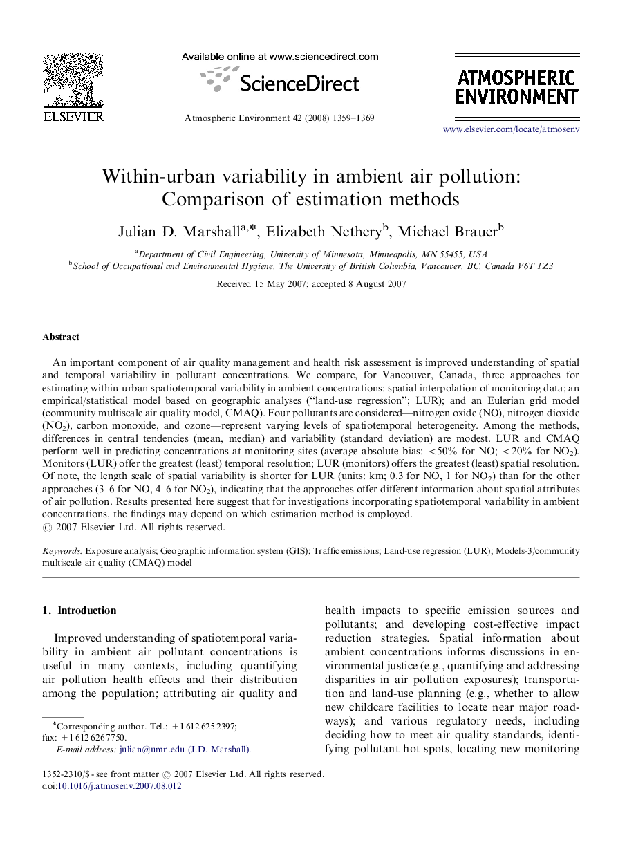 Within-urban variability in ambient air pollution: Comparison of estimation methods