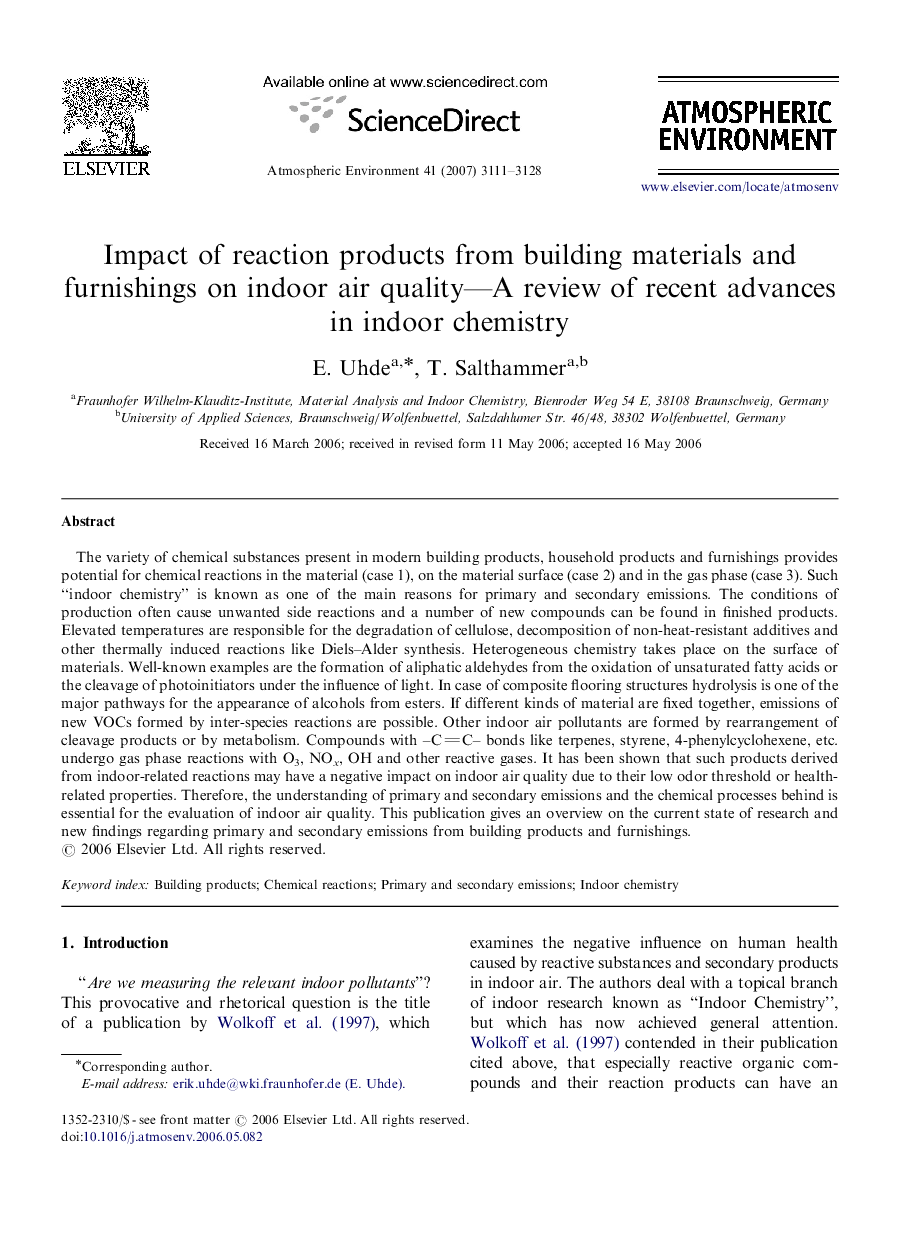 Impact of reaction products from building materials and furnishings on indoor air quality—A review of recent advances in indoor chemistry