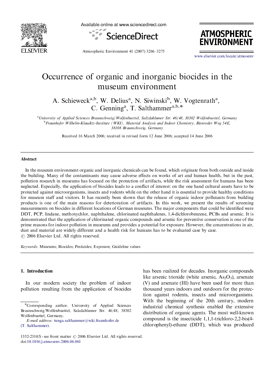 Occurrence of organic and inorganic biocides in the museum environment