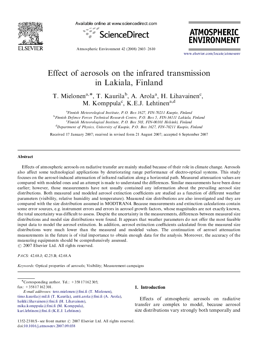 Effect of aerosols on the infrared transmission in Lakiala, Finland