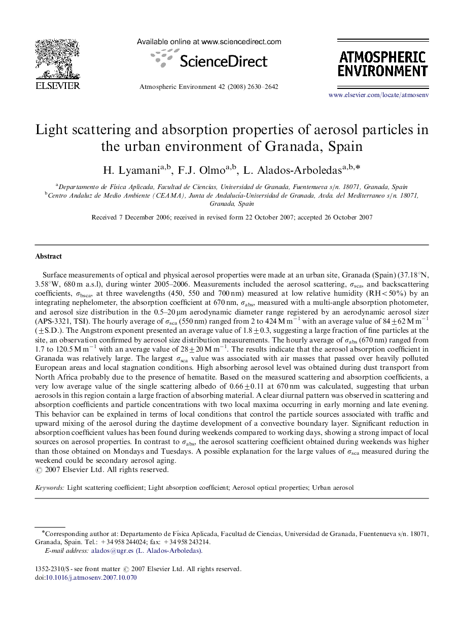 Light scattering and absorption properties of aerosol particles in the urban environment of Granada, Spain