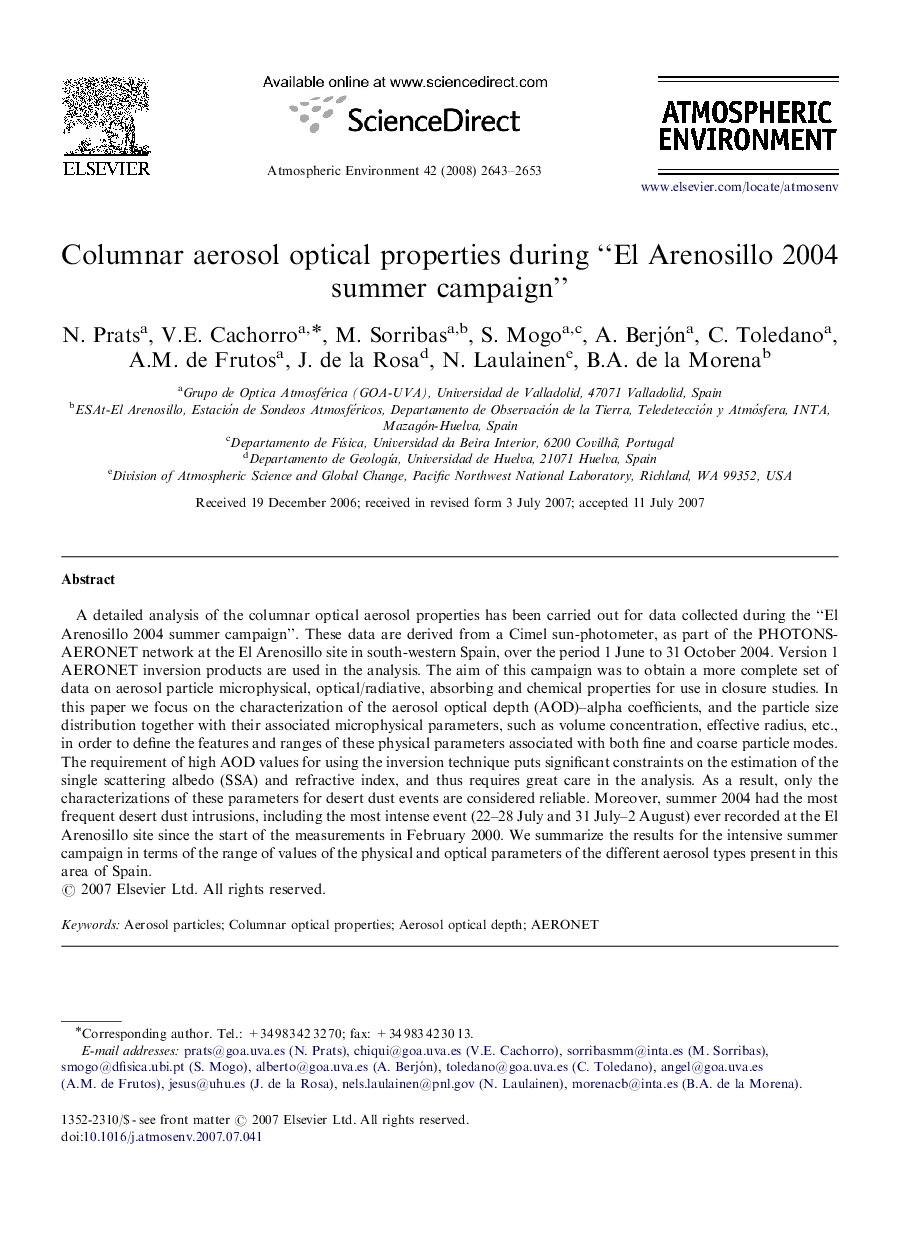 Columnar aerosol optical properties during “El Arenosillo 2004 summer campaign”