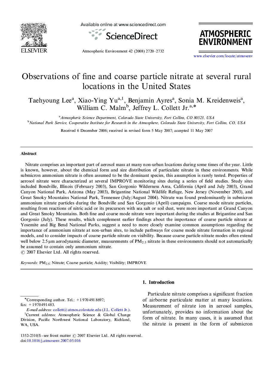 Observations of fine and coarse particle nitrate at several rural locations in the United States