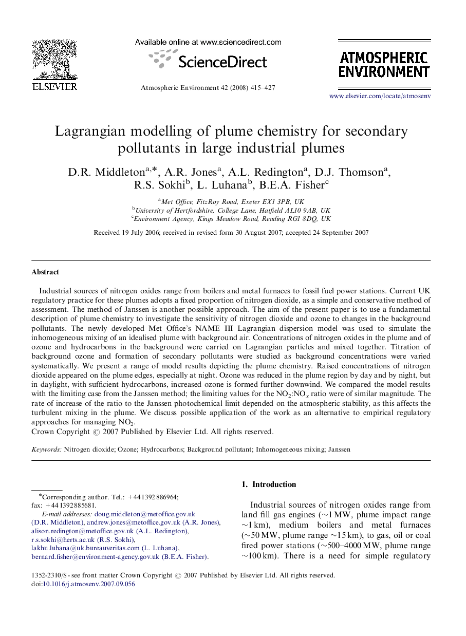 Lagrangian modelling of plume chemistry for secondary pollutants in large industrial plumes