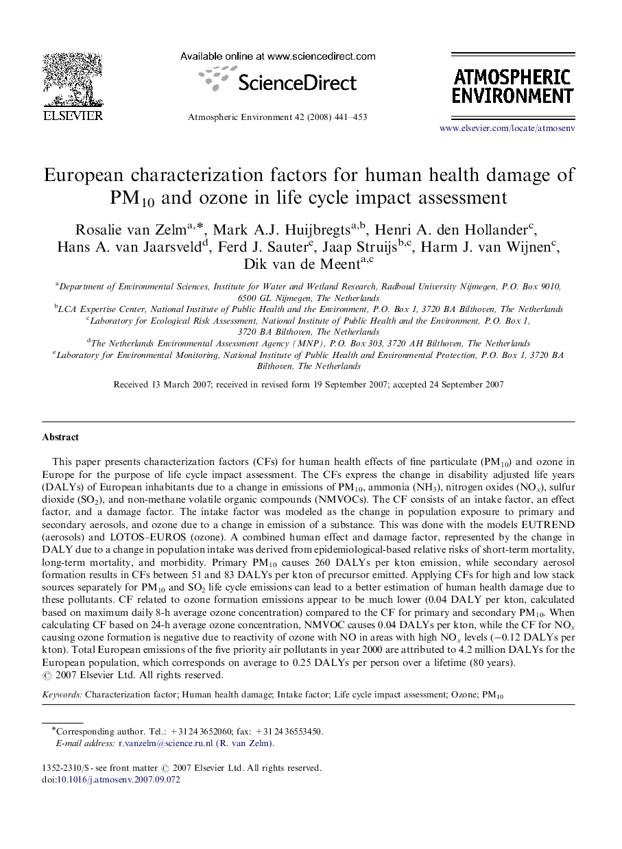 European characterization factors for human health damage of PM10 and ozone in life cycle impact assessment