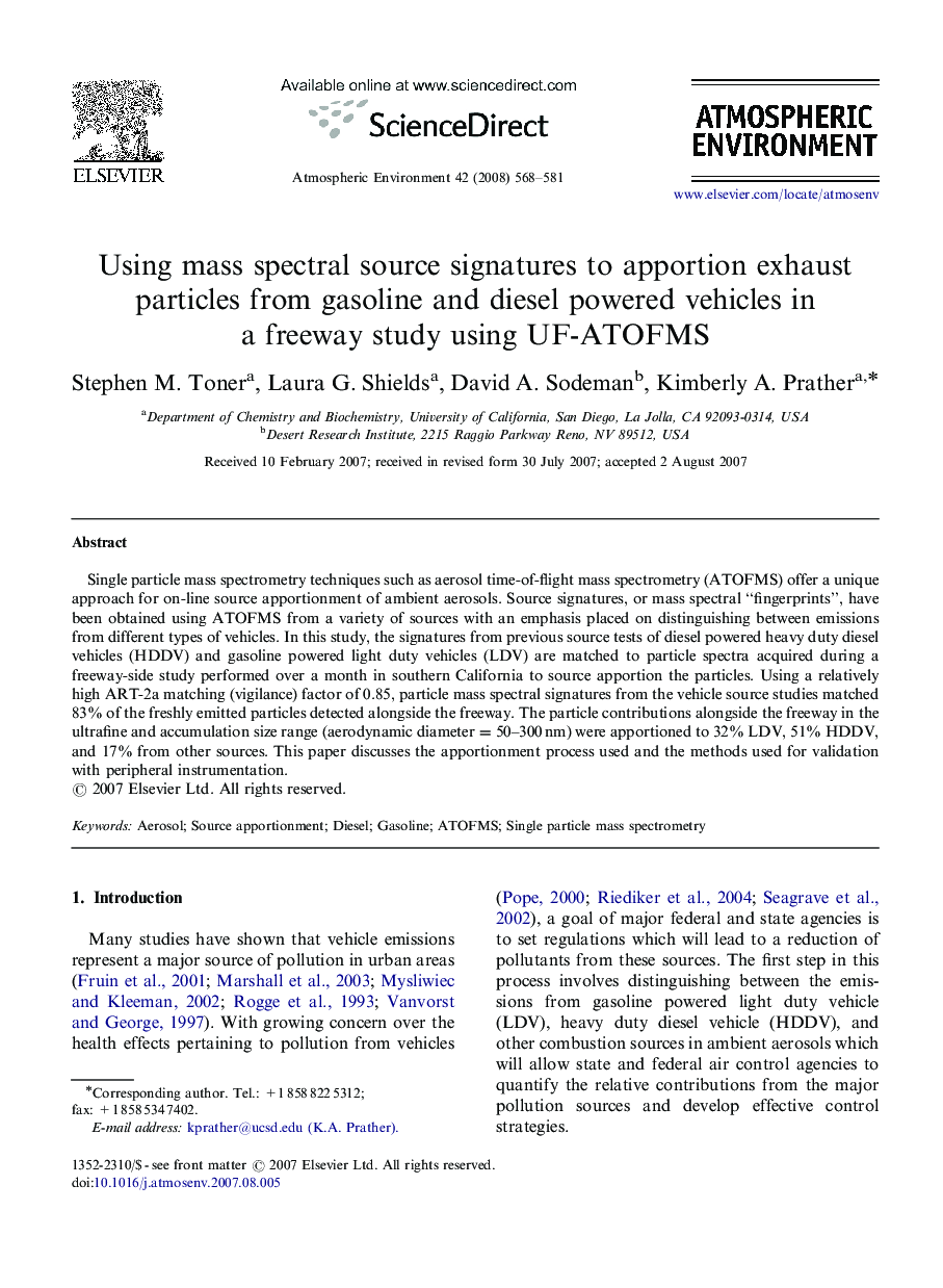 Using mass spectral source signatures to apportion exhaust particles from gasoline and diesel powered vehicles in a freeway study using UF-ATOFMS